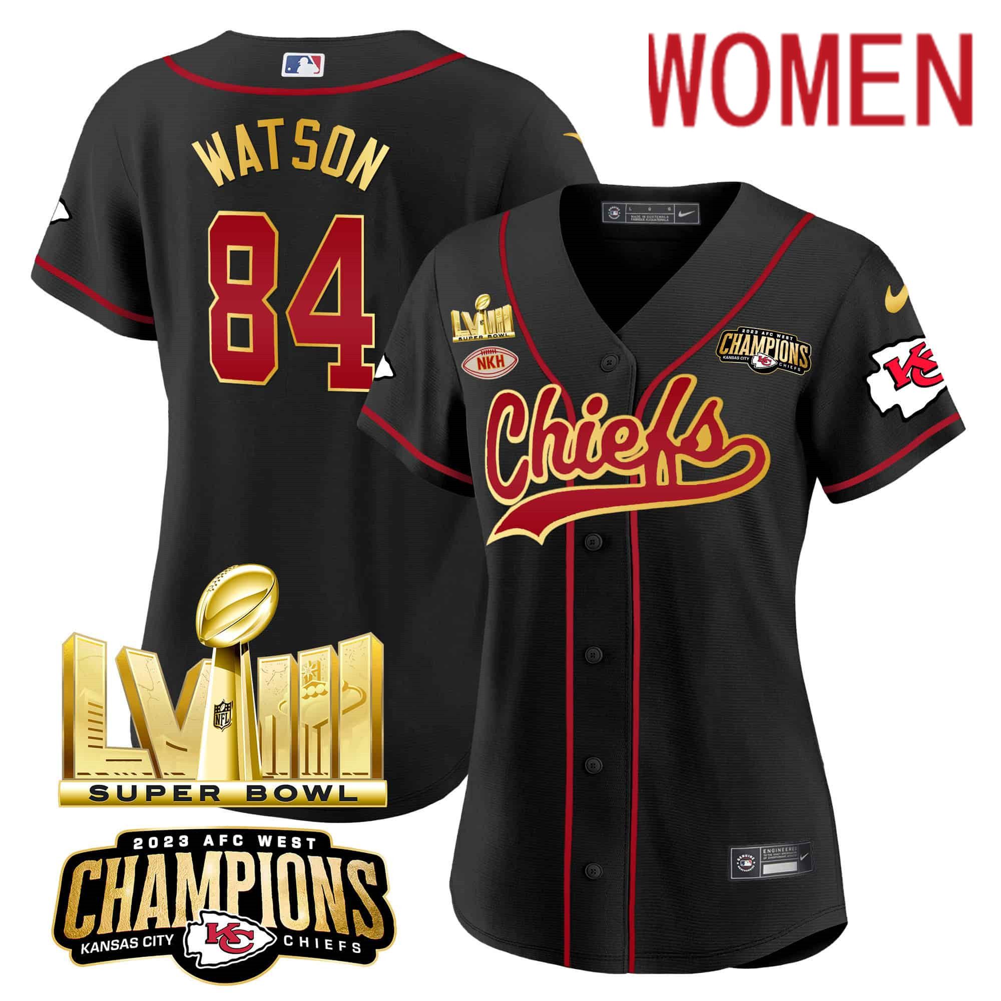 Women Kansas City Chiefs #84 Watson Black 2024 Nike Super Bowl LVIII Back-2-Back Gold Patch Baseball NFL Jersey->customized nfl jersey->Custom Jersey